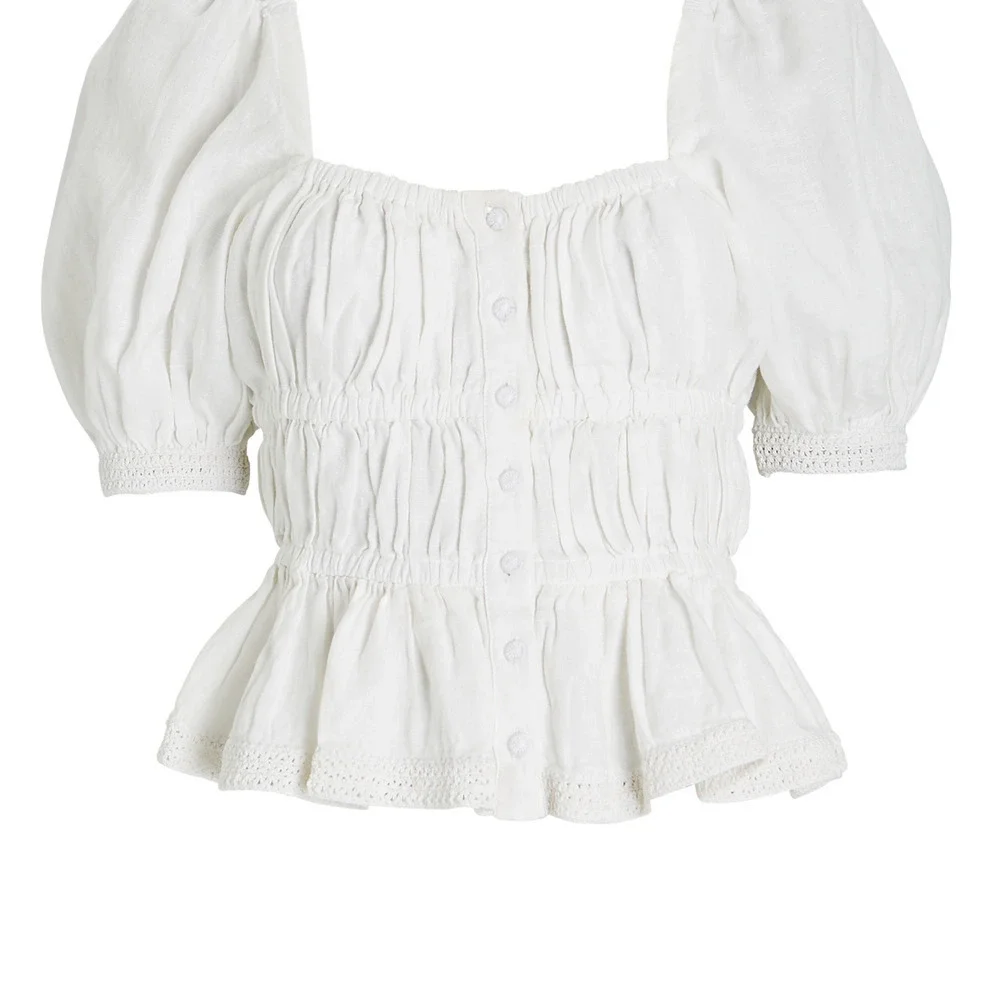 ULLA JOHNSON Harley Crochet-Trimmed Linen Top Size 4 Ivory White